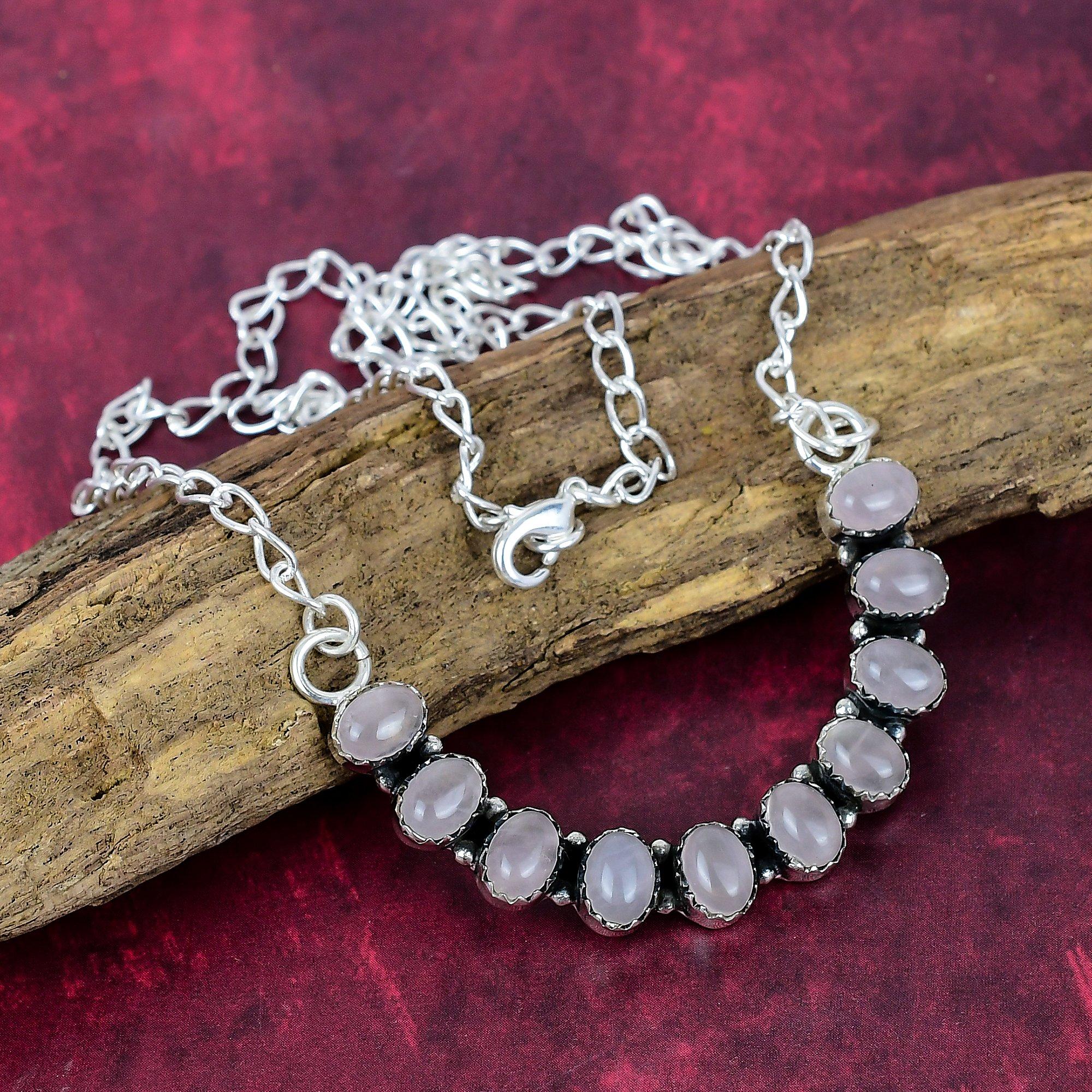 

Rose Quartz Necklace, Gemstone 925 Sterling Silver Handmade Wonderful Jewelry Necklace, Gift for Introverted розовый