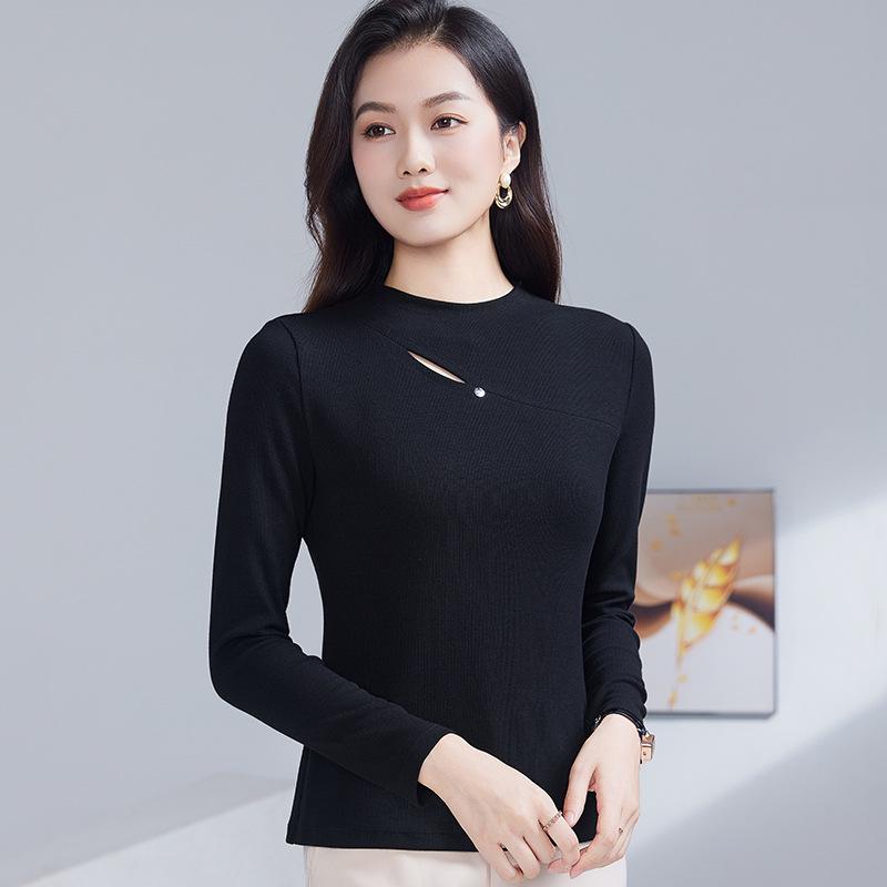 High-Quality Women's Stretch Slimming Long Sleeve Cotton Top – Versatile Fashionable Hollow-Out Design for Spring and Autumn
