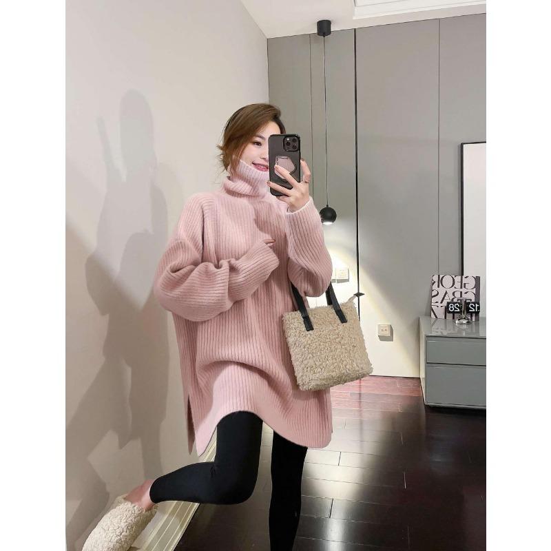Khaki turtleneck lazy sweater women's autumn and winter new design sense split fork medium and long bottom top