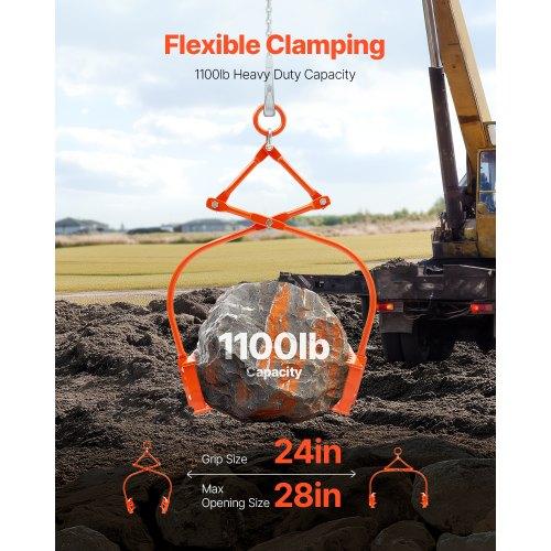 VEVOR 24in Stone Lifting Tongs, 2-Claw Rock Tongs, Heavy Duty Steel Log Tongs, 1100LBS Lifting Capacity, Swivel Log Grapple, Serrated Claw Design