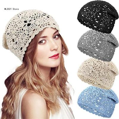 Szydełkowana czapka beanie dla kobiet i nastolatek, luźna, modny dodatek, miękka, lekka, z wycięciami, kwiatowa, dzianina bawełniana, czapki beanie