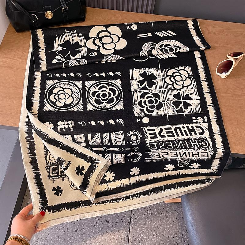 

шарф из имитации кашемира, универсальный, с камелией, четырехлистным клевером, тепловой, для кондиционера, шаль с модным шарфом 185*65 чёрный