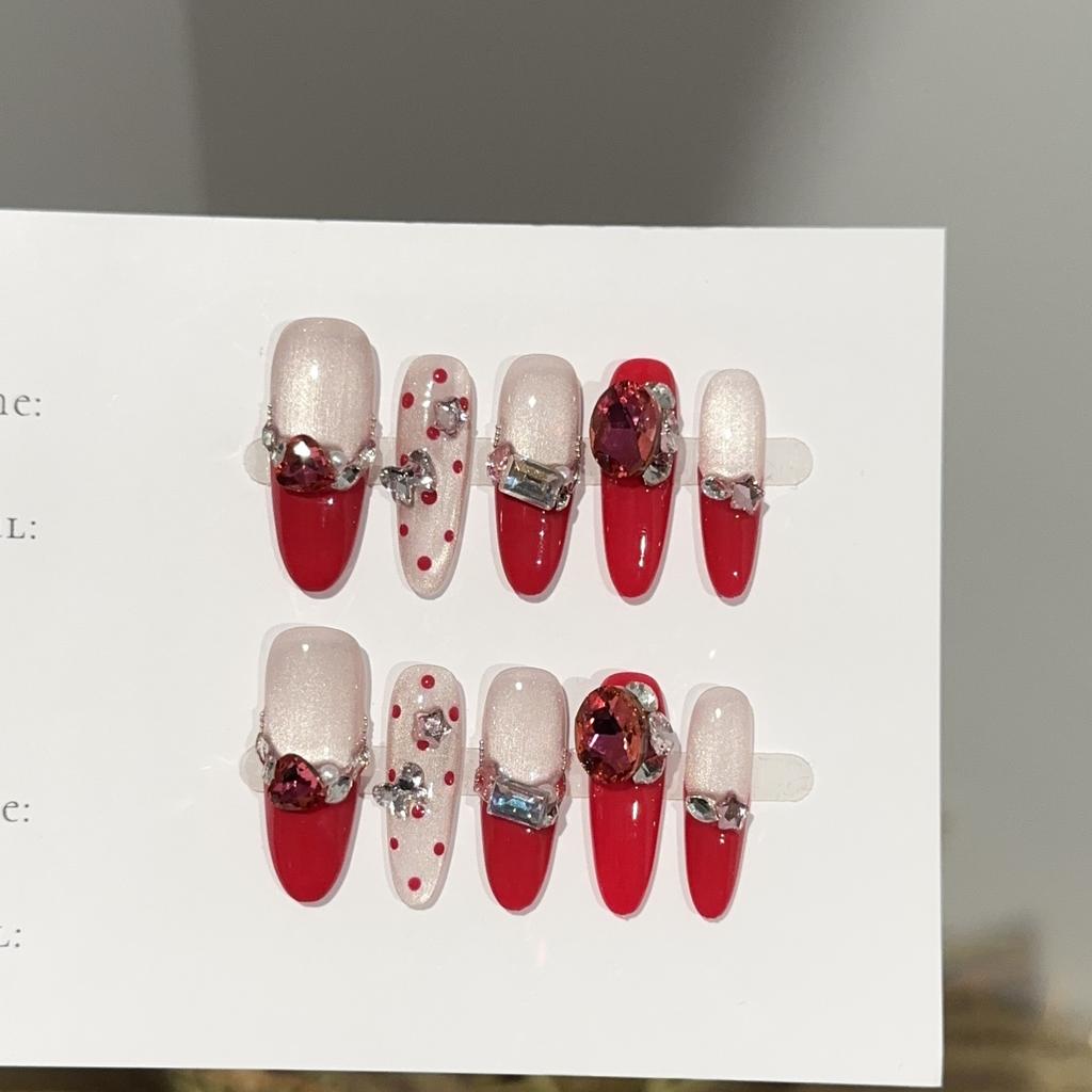 Women Long Press‑On Nails Pure‑Handmade Autumn Winter Rose Red European Stacked Rhinestone Sparkling False Nail Patches