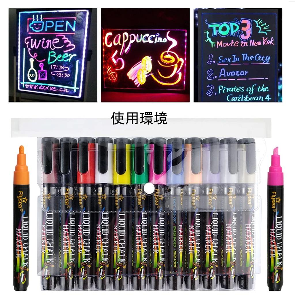 12 Colors Fluorescent Liquid Chalk Markers for LED Bold and Fine Easy Stickers Signs, Chalkboards, Points, Wipe-Off