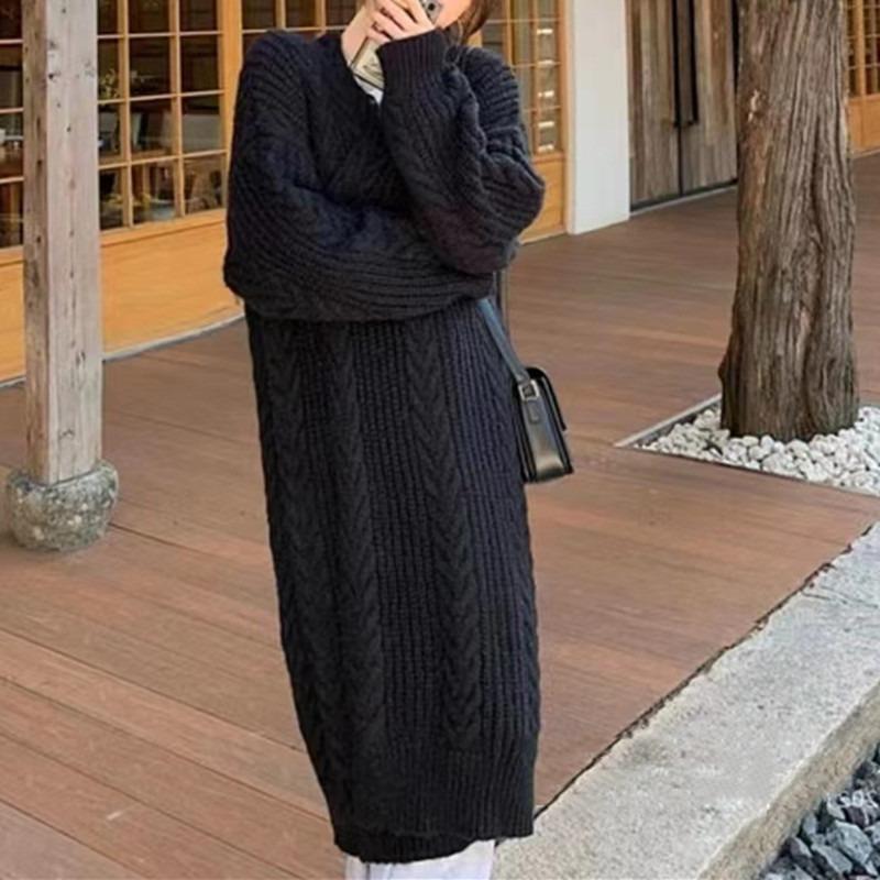 Vintage Lazy Style All-match Knitted Hemp Pattern Autumn and Winter Loose Thick Warm Long Cardigan Sweater Coat Women's Clothing
