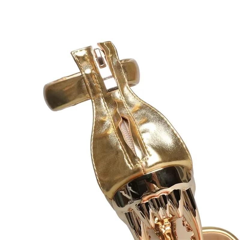 Fashion Brand Gold Strange Tiger Teeth Slope Heel Sandals  New Women's Back Zipper Simple Dress Banquet Designer Women Shoes Size 34-44