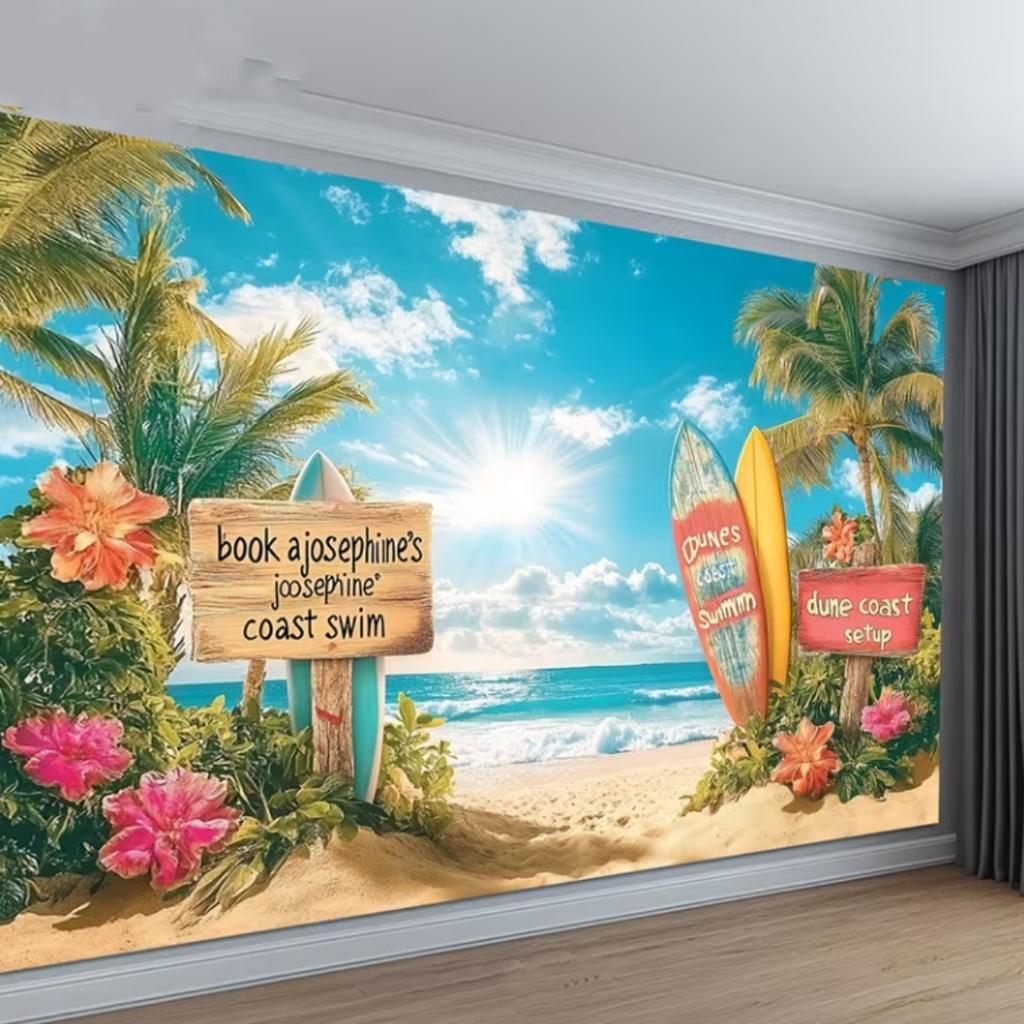 Summer Beach Holiday Party Decoration Backdrop Sunshine Flamingo Ocean Surfboard Portrait Photography Background Props Banner