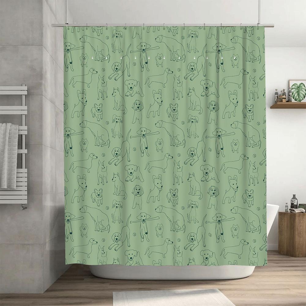 Green Dog Print Shower Curtain Pet Bathroom Decor for Home Decoration Waterproof Fabric Curtains Suitable for Kitchen Bathrooms