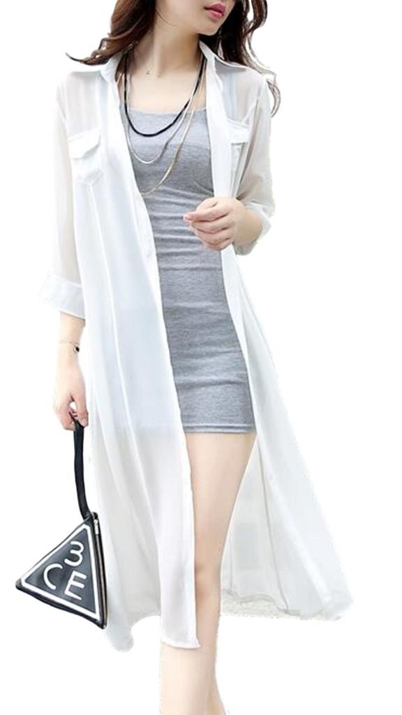 Religieuse Chiffon Long Cardigan Shirt Dress Women's See-Through (Size M, White)