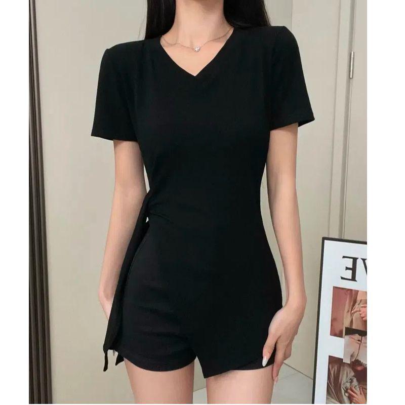 

Plus Size 2025 Strappy V-Neck Short-Sleeve Irregular Slim-Fit Fashion Top for Women 2X Large чёрный