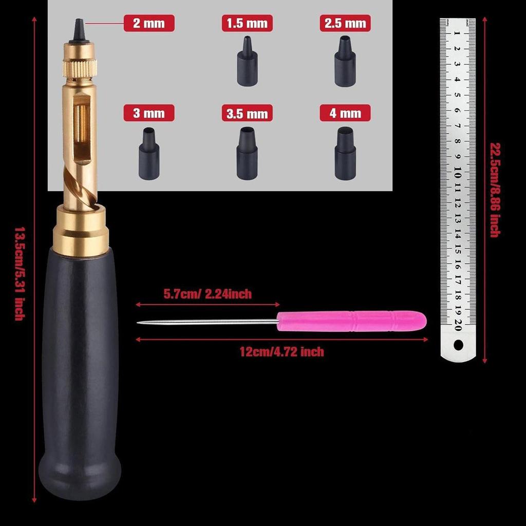 Leather Hole Punch Kit 6 Tip Sizes 1.5-4mm Sturdy Multifunctional Adjustable