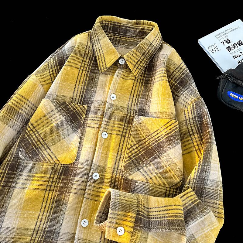 

Осень и Зима Рубашка в Гонконгском Стиле Свободное Пальто Шлифовка Длинные Рукава Со Спущенным Плечом Рубашка Универсальная Клетчатая Куртка 3XL