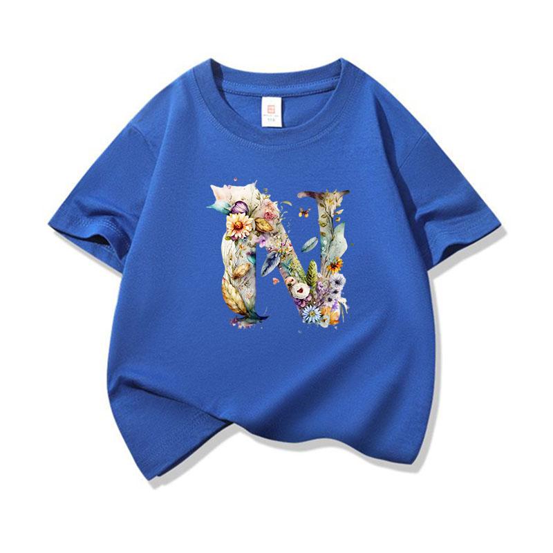Kids Cotton T Shirt Floral Letter N Print Crew Neck Short Sleeve Tee Casual Boys Girls Summer Tops