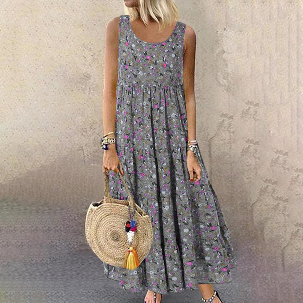 Women's Vest Dresses Summer Spring Pleated Bohemian Dresses Cute Sleeveless Flowing Beach Straight T-Shirt Tank Dresses Round Neck Dresses