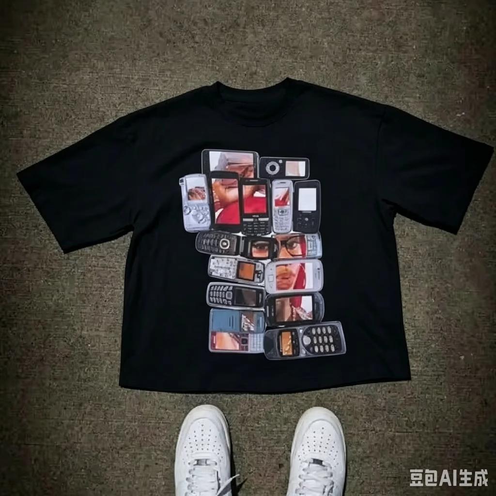 Retro Y2k Classic Mobile Phone Multi Layer Collage Front Print Tshirt Unisex Nostalgic Tech Loose Fit Streetwear Top