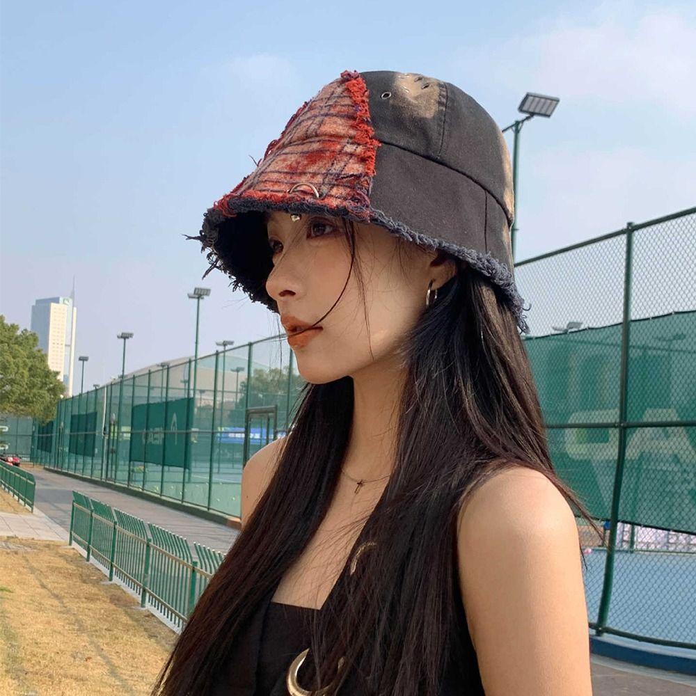 Beggar Style Plaid Bucket Hat Patched Sun Protection Basin Cap Fashion Retro Fisherman Hat  Women