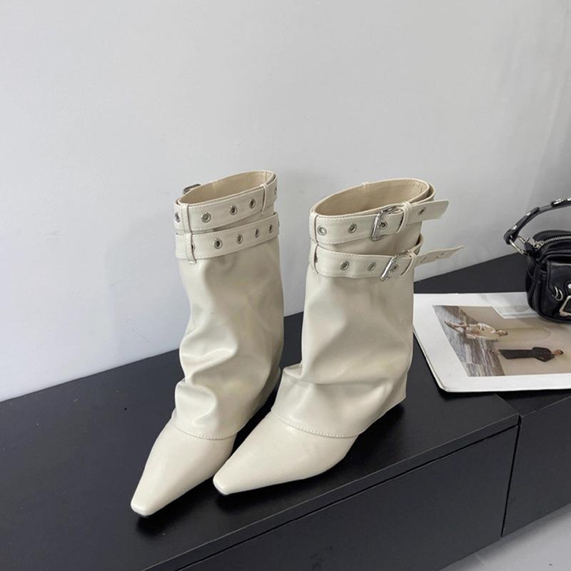 

French gentle temperament belt buckle trouser boots women s 2025 new Spice Girl temperament pointed wedge straight knight boots 39