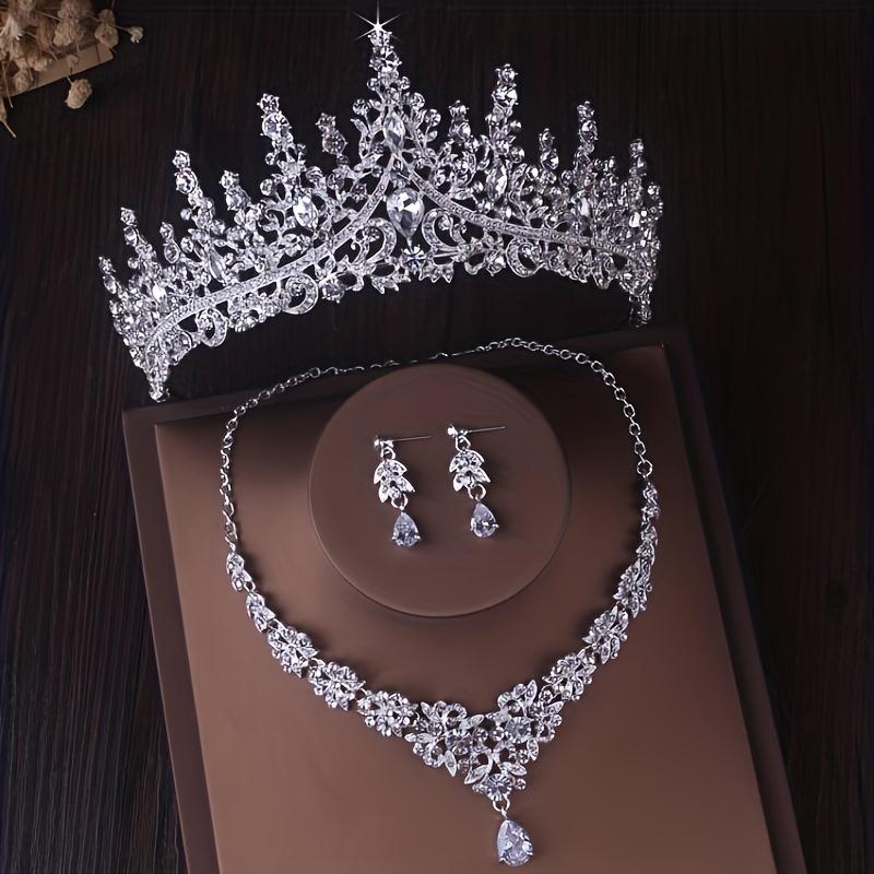 High-end luxury crown necklace and earring set bridal wedding jewelry wedding necklace jewelry set three-piece necklace and earring set Necklace + Earrings Set