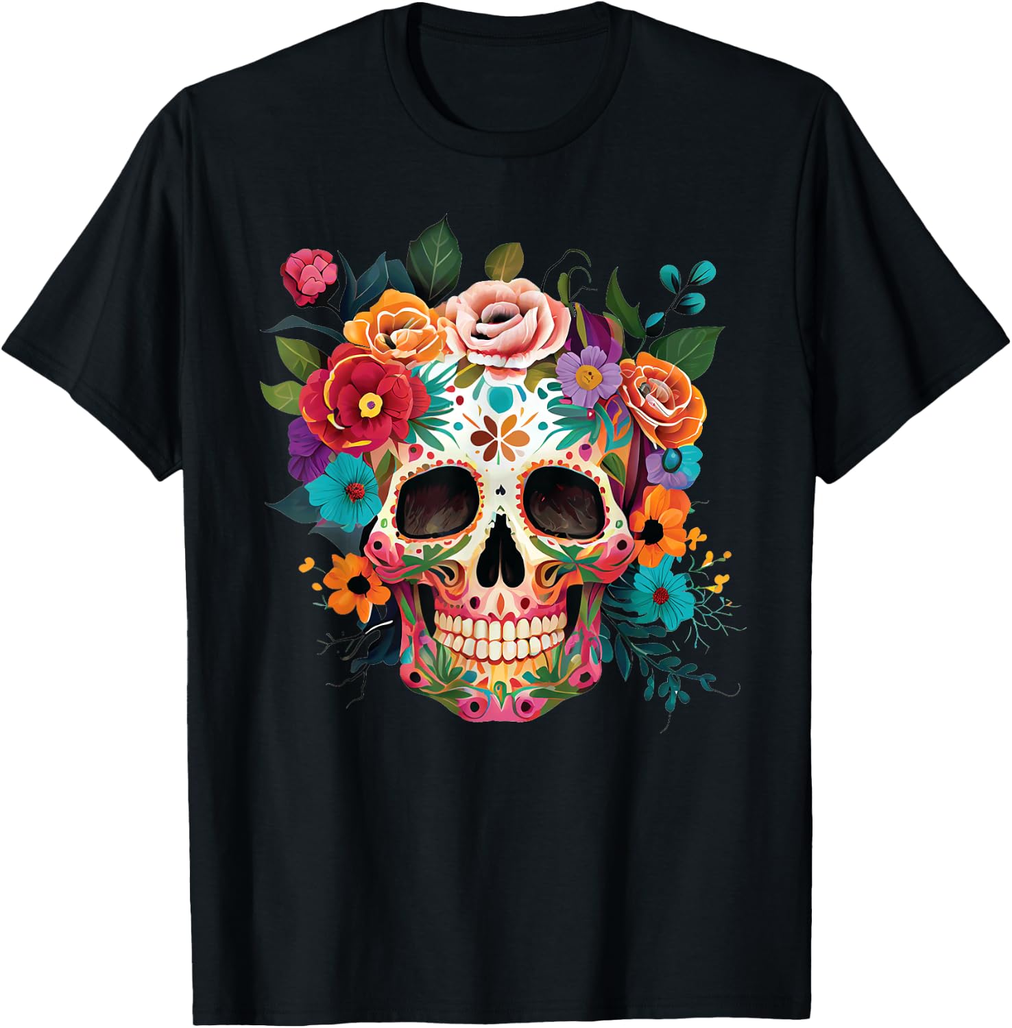 Sugar Skull With Flowers Colorful Day of the Dead T-Shirt S