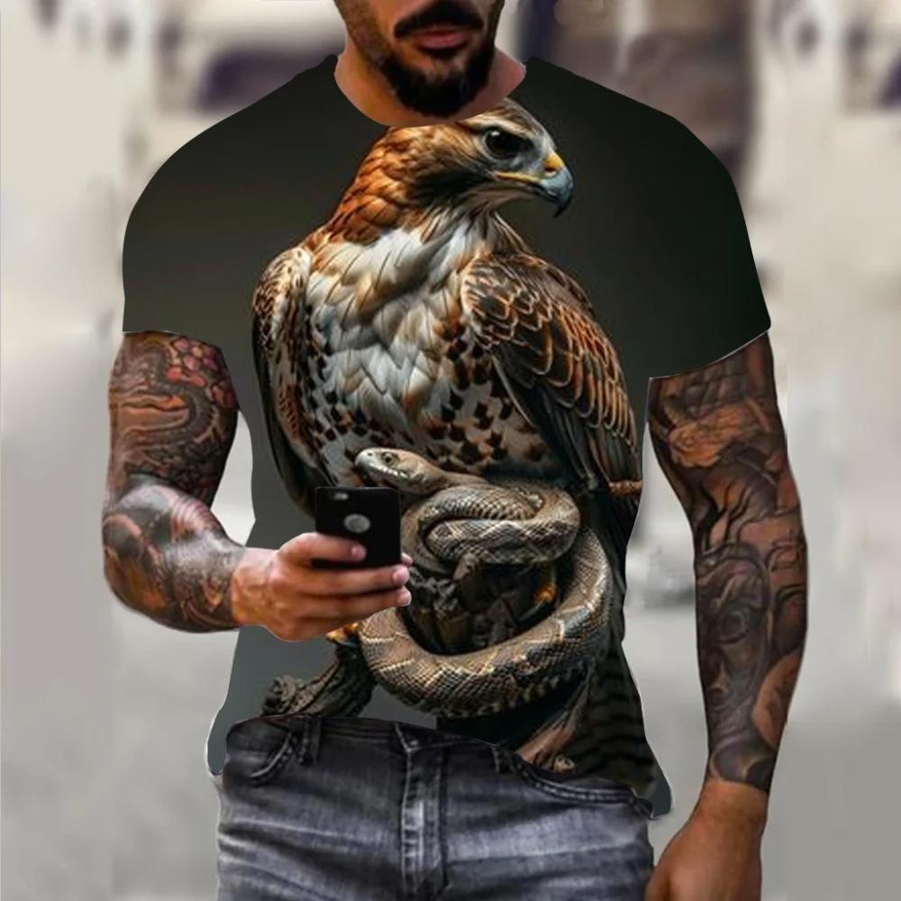 Koszulka męska Harajuku Hip Hop Trend Street Casual Okrągły dekolt Krótki rękaw Luźny Top Zabawny 3D Animal Eagle Print Koszulka