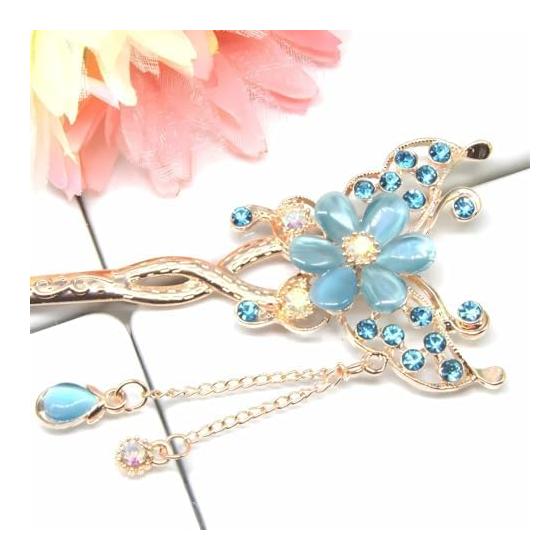 Miaomyao Hair Stick Kanzashi - Antique Flower Design, Pink Gold & Blue with Zirconia - Elegant Hair Accessory for Kimono, Yukata, Parties & Special