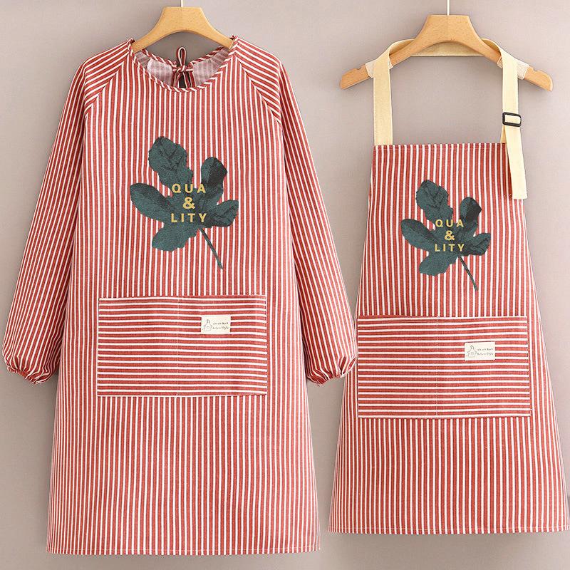 Cotton and Linen Long-sleeved Apron Kitchen Home Breathable Anti-fouling Cooking Apron Smock for Women