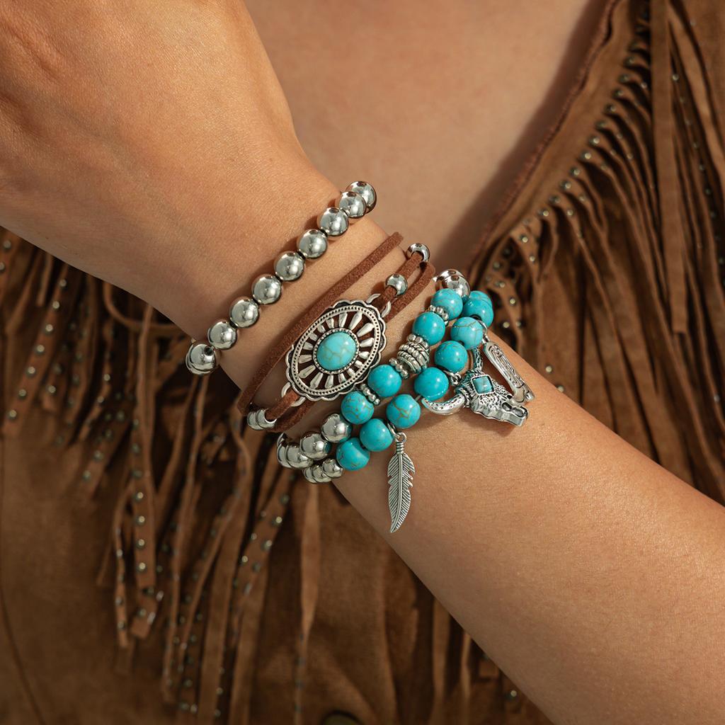 Retro Ethnic Style Bull Head Pendant Bracelet Set, Bohemian Flower Plate Turquoise Beaded Jewelry.
