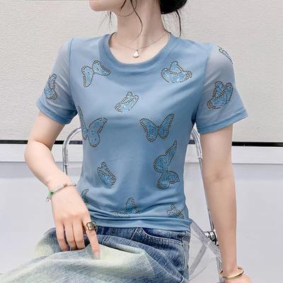 New Slim Mesh Positioning Hot Diamonds Butterfly T-shirt Women's Summer Short Sleeved Tops Sexy Girl Casual Streetwear Tees Clothes