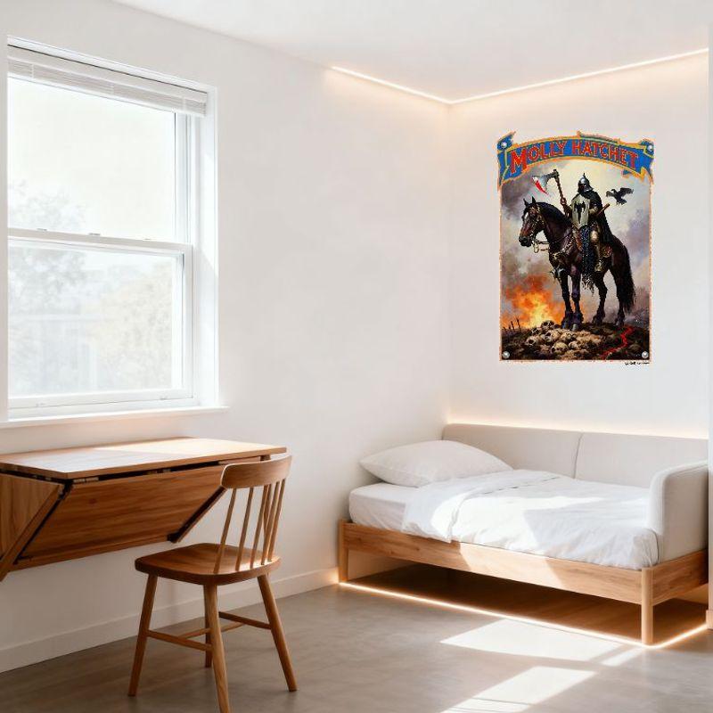 Molly Hatchet Knight On Horseback Metal Tin Sign, Dark Fantasy Rock Album Art Wall Decor, Medieval Battle Scene with Skull Fire