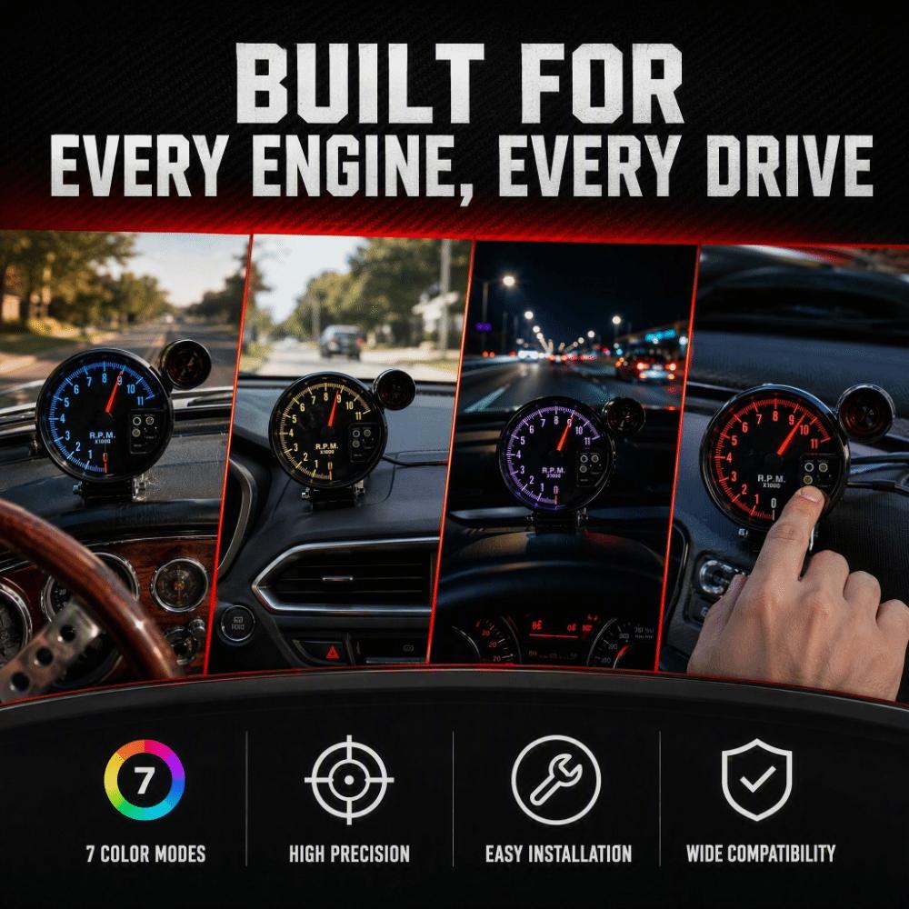 5 Inch Diameter Tachometer Gauge 7 Color Display LED Shift Light Tachometer Vehicles