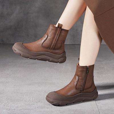 Stivali Caldi in Peluche con Suola Spessa e Punta Rotonda Vera Pelle Retro Scarpe di Cotone da Donna