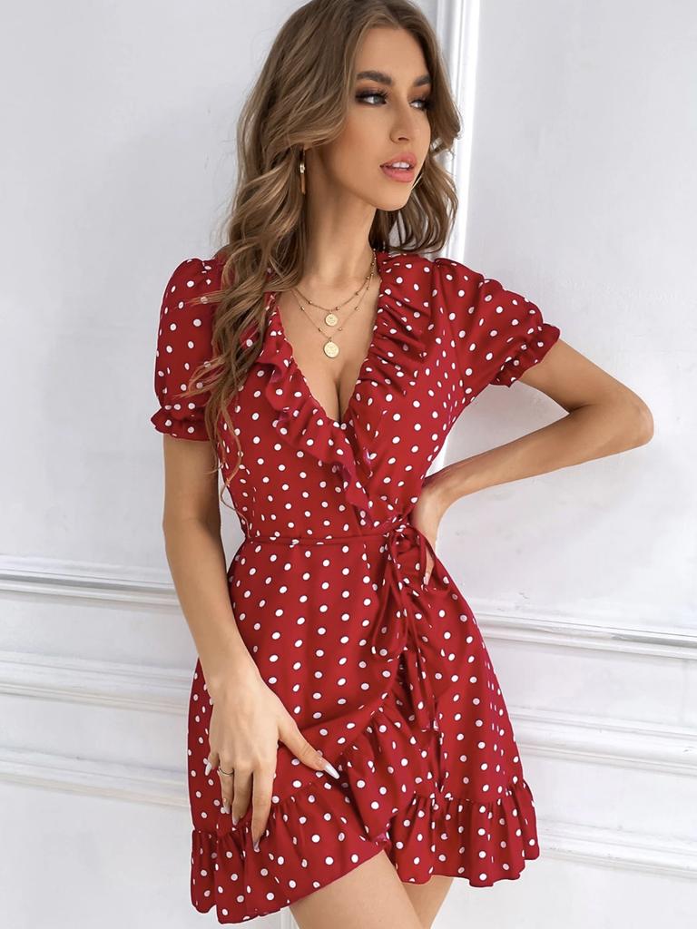 European and American New Retro Polka Dot Short Skirt V-neck Waist Irregular French Sweet and Spicy Dating Holiday Dress