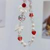 Korean Cute Red Cherry Bow Pearl Phone Chain Lanyard Charm Strap Wrist Bead Hanging Cord Bracelet Keychain For Cell Phone