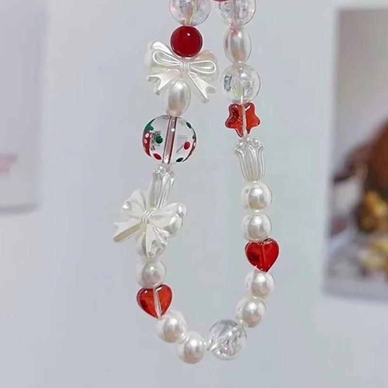 Korean Cute Red Cherry Bow Pearl Phone Chain Lanyard Charm Strap Wrist Bead Hanging Cord Bracelet Keychain For Cell Phone