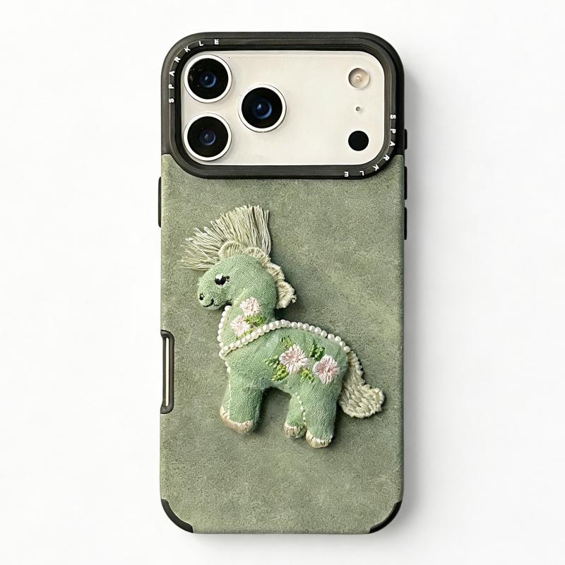 3D Cartoon Embroidered Horse Phone Case for Apple 17 Pro/16 with Silk Screen Large Hole Design
