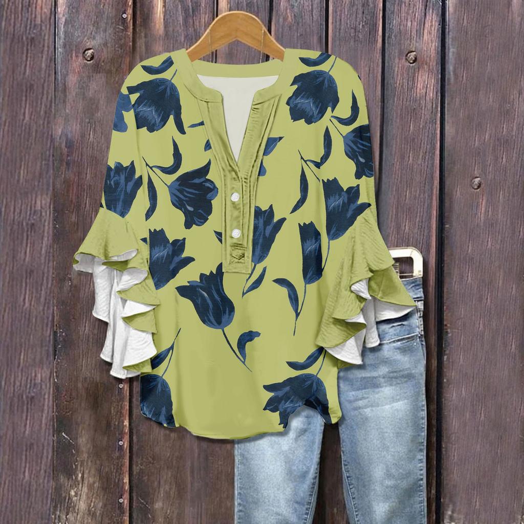 Women's Summer Tops V Neck Three-quarter Sleeves Floral Print Flowing Ruffle Sleeves Half-button Shirt