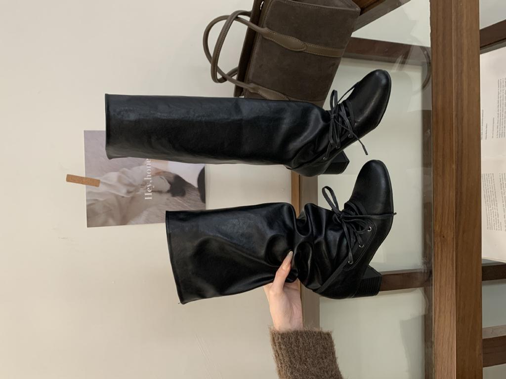 2025 Winter New Tall Skinny Pile Boots Thick High Heel Two Wear Knight Women's Boots Lace-up Locomotive Spice Girls Boots