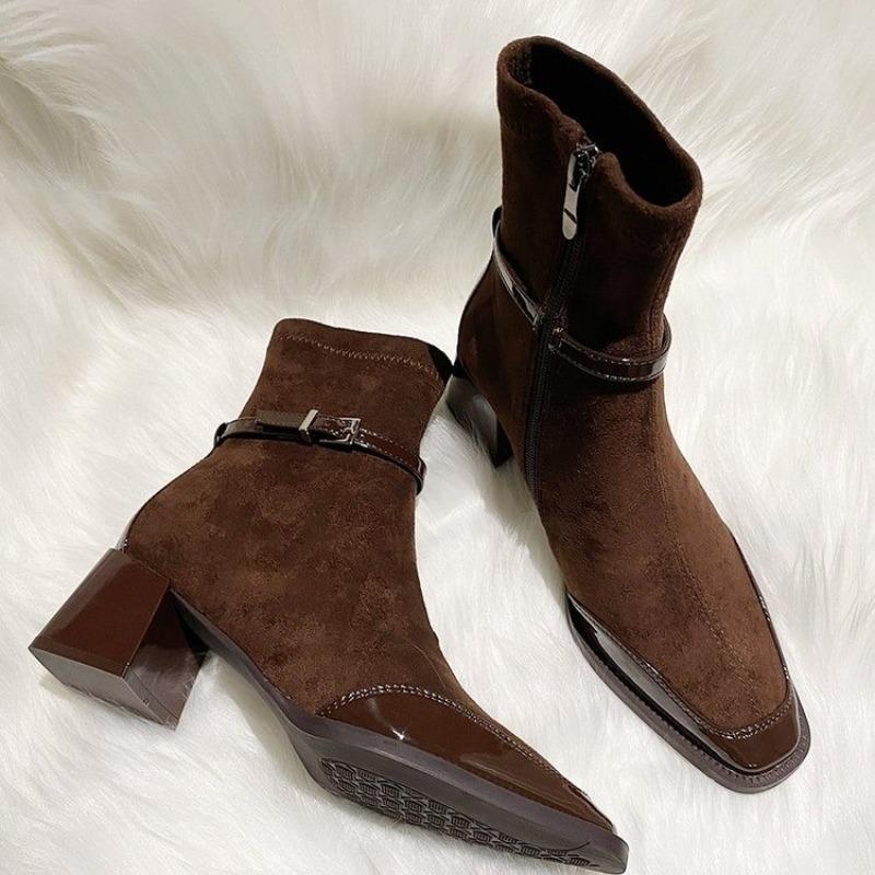 

Женские облегающие короткие ботинки Горячая распродажа 2025 Осень Новые офисные туфли Квадратный каблук Женские ботильоны из замши для свиданий Элегантная женская обувь 35 коричневый
