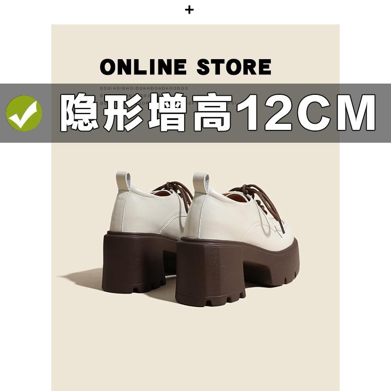 Inner height increase 12cm black women's platform British versatile lace-up small leather shoes small size single shoes women's small size 32