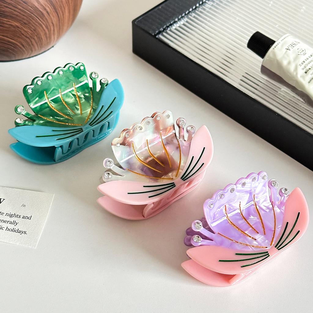 Elegant Floral Design Acetate Hair Claw Clip With Diamond Accents For Women