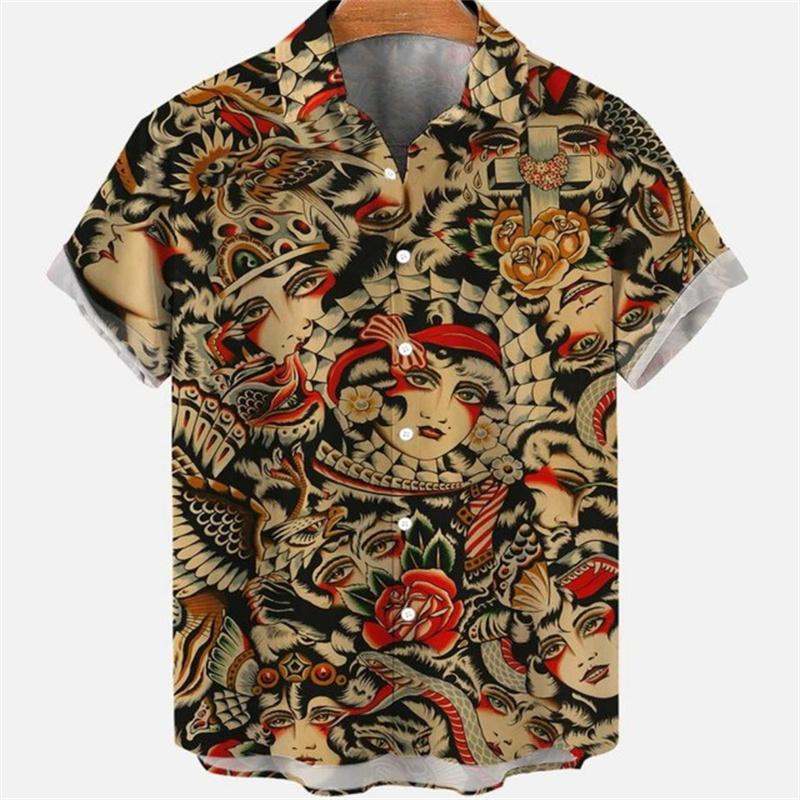 Summer Men's Dragon Pattern Element Shirt Social Casual Vintage Hawaiian Shirt  New Oversize Short Sleeve Street Clothing