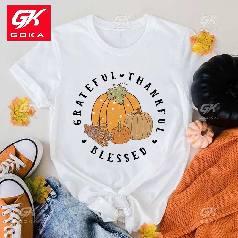 Premium Cotton T Shirt Fashion T Shirts Fall Pumpkin Grateful Thankful Blessed Cute Print Designed Short Sleeve Tops Unisex Tees S