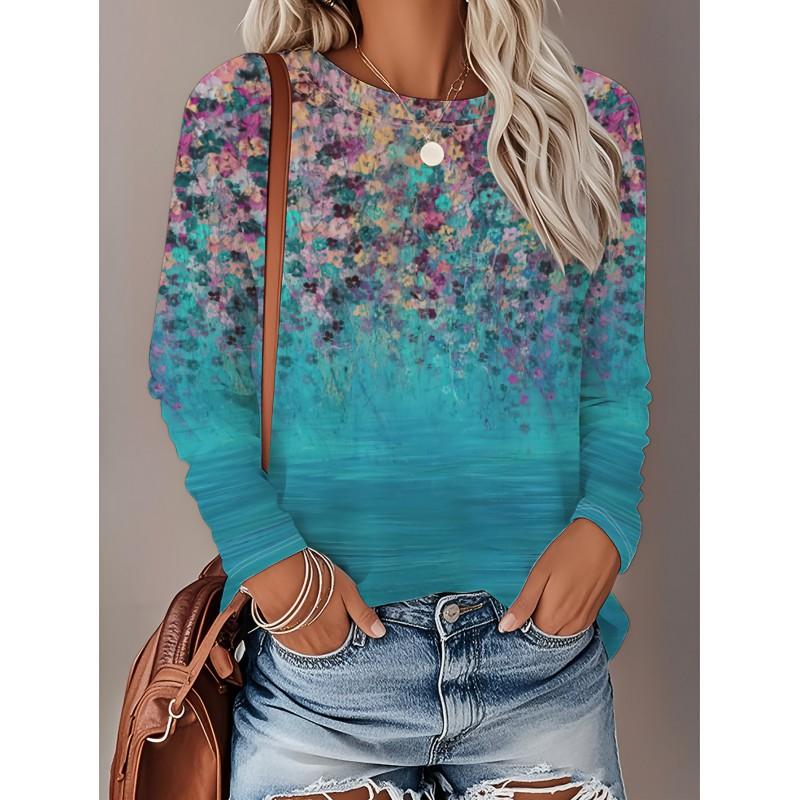 Womens Loose Fit Long Sleeve Round Neck T-Shirt With 3D Dinosaur Christmas Tree Print Milk Silk Fabric