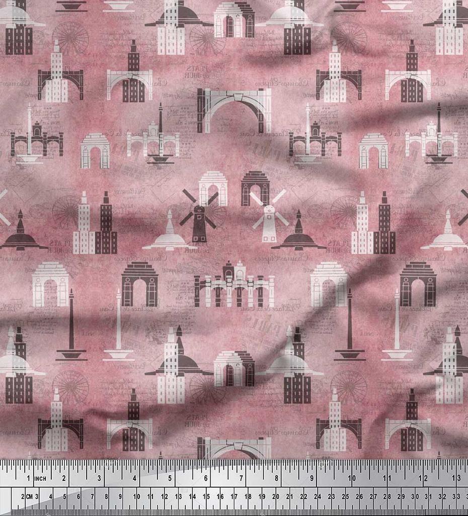 Soimoi Purple Japan Crepe Satin Fabric Text & Monuments Architectural Print Sewing Fabric Metre 42 Inch