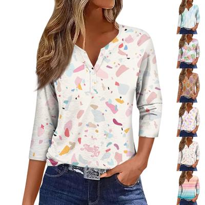Women's Fashion Casual Printed V-Neck Short Sleeve Decorative Button Three-quarter Sleeve T-Shirt Top