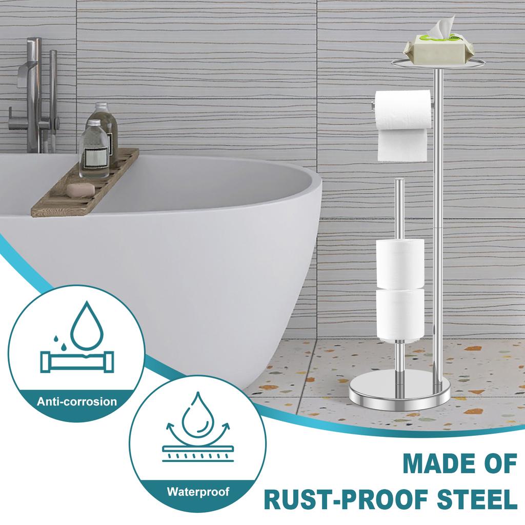 Free Standing Toilet Roll Holders Stainless Steel Toilet Paper Stand with Phone Shelf Bathroom Tissue Rack Organizers Storage