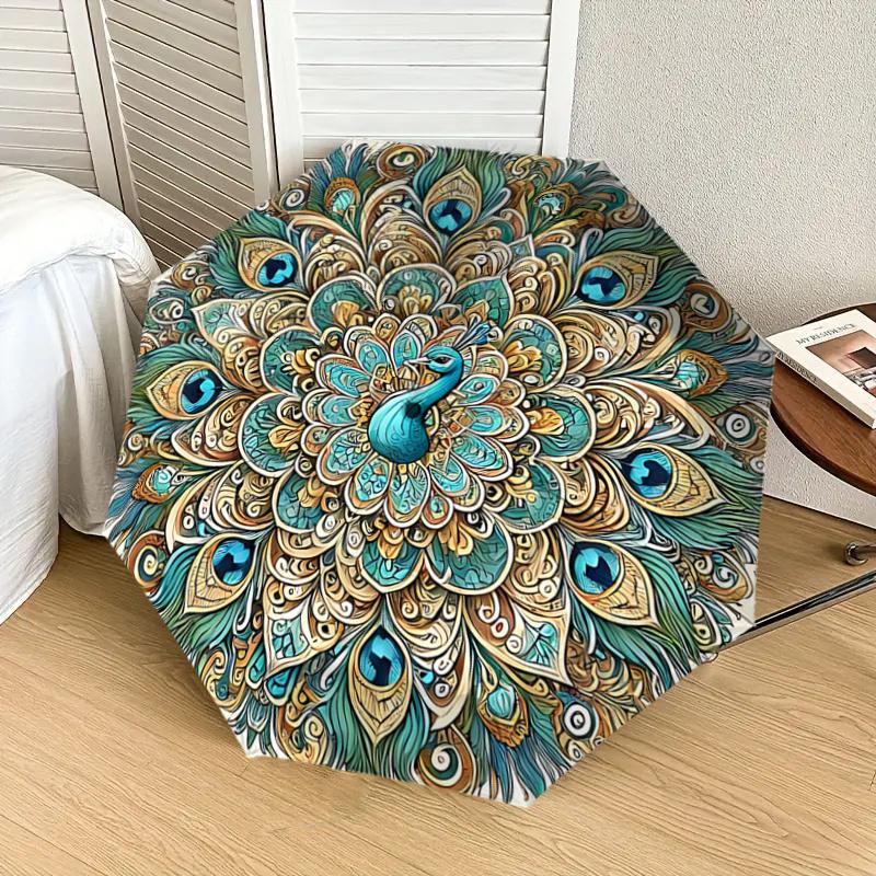Peacock Feather Mandala Automatic Opening Folding Umbrella - 8 Bone Iron Frame, Suitable for Fans, Travel, Daily Use, Gift for Outdoor Enthu