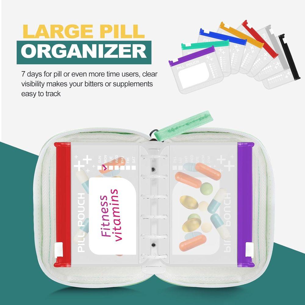Large 7-Day Waterproof Pill Organizer with Color-Coded L-Size Zippered Pouches for Weekly Medication Storage