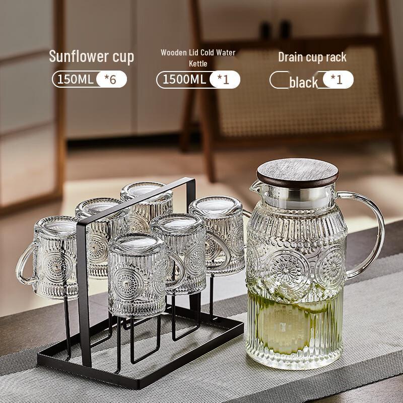 

Vintage Sunflower Glass Pitcher and Cup Set