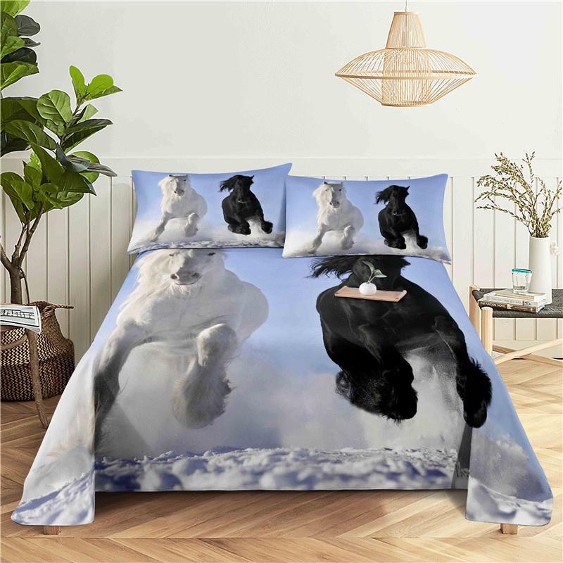 White Horse Bed Sheet 2/3pcs Set 3D Printed Animal Polyester Bed Flat Sheet With Pillowcase Bed Linen For Kids Baby Adult